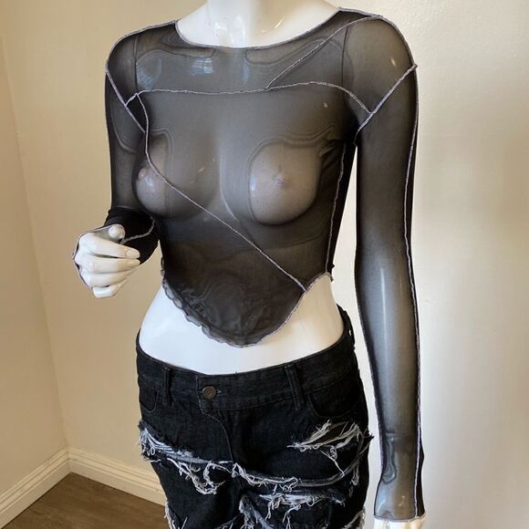 Dolls Kill Brand DARKER WAVS Asymmetrical Black Mesh Long Sleeve Top - Picture 4 of 6